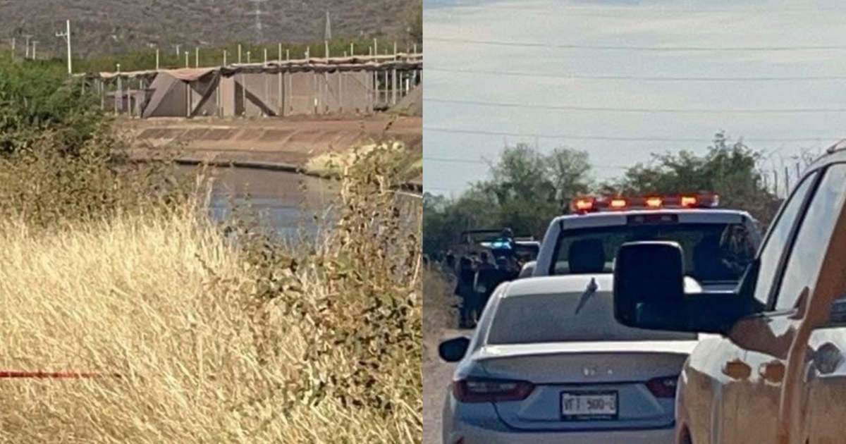 Escena de emergencia en el río Humaya, Culiacán, mostrando vehículos de seguridad y un canal de agua.