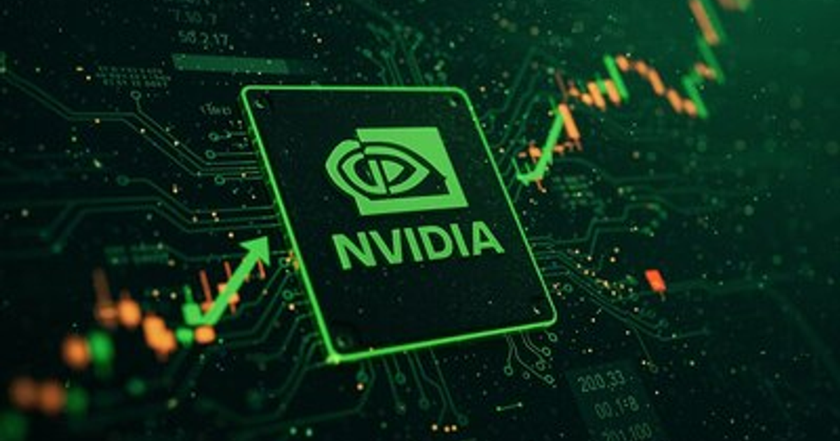 Logotipo de NVIDIA con fondo de circuito y gráficos ascendentes, simbolizando crecimiento e innovación.