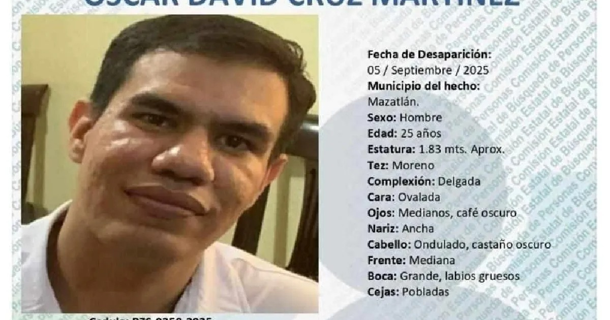 Cartel de búsqueda de Óscar David Cruz Martínez, desaparecido en Mazatlán, Sinaloa.