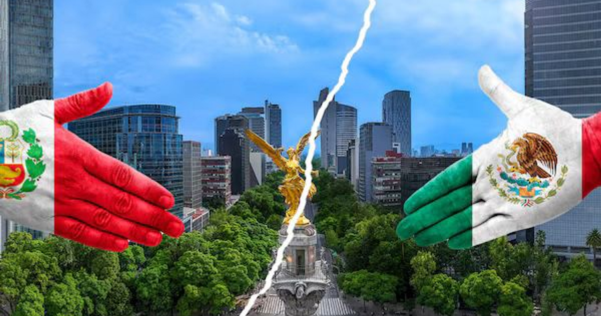 Manos con banderas de Perú y México separadas por un paisaje urbano, simbolizando la ruptura diplomática.