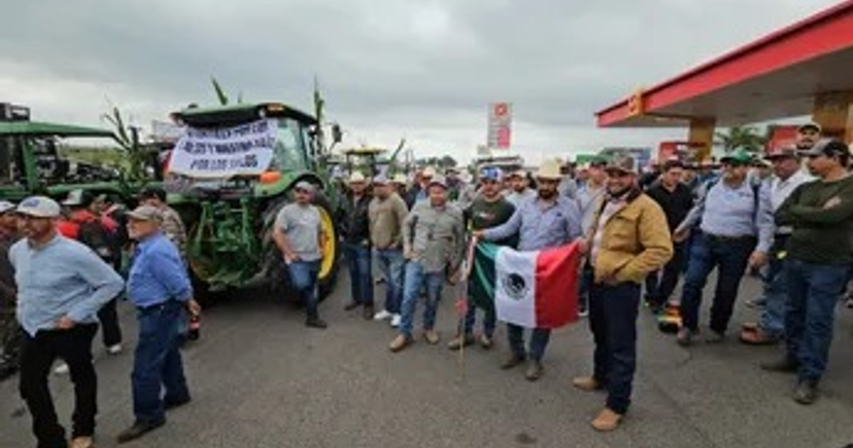 Protesta de campesinos en Sinaloa por precio del maíz, con banderas mexicanas y tractores en carretera.