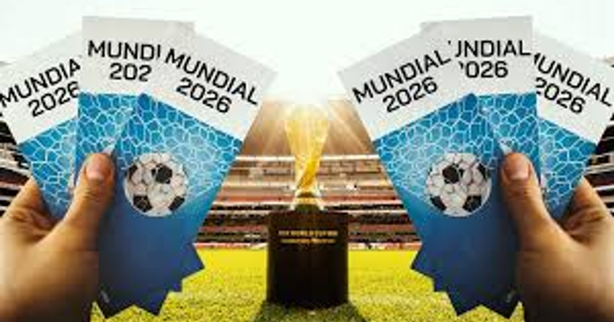 Boletos del Mundial 2026 y trofeo de la Copa del Mundo con estadio de fondo