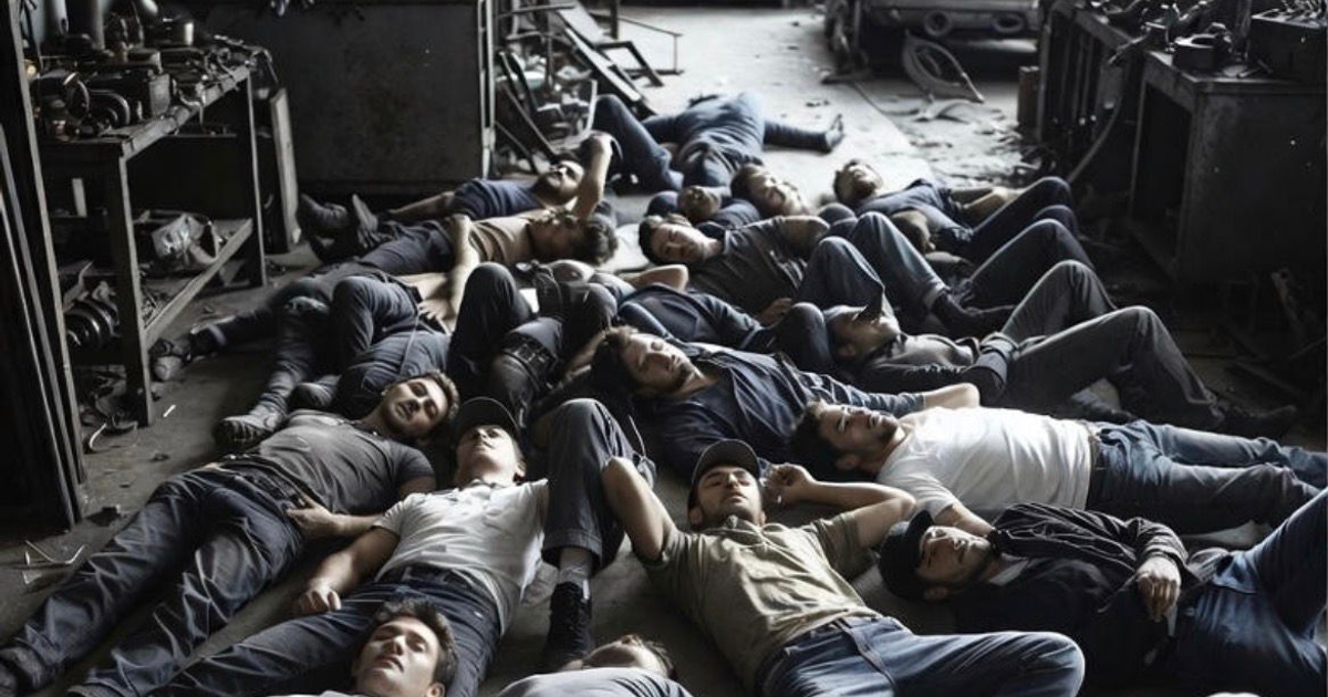 Hombres descansando en el suelo de un taller mecánico tras operativo de rescate en Culiacán.