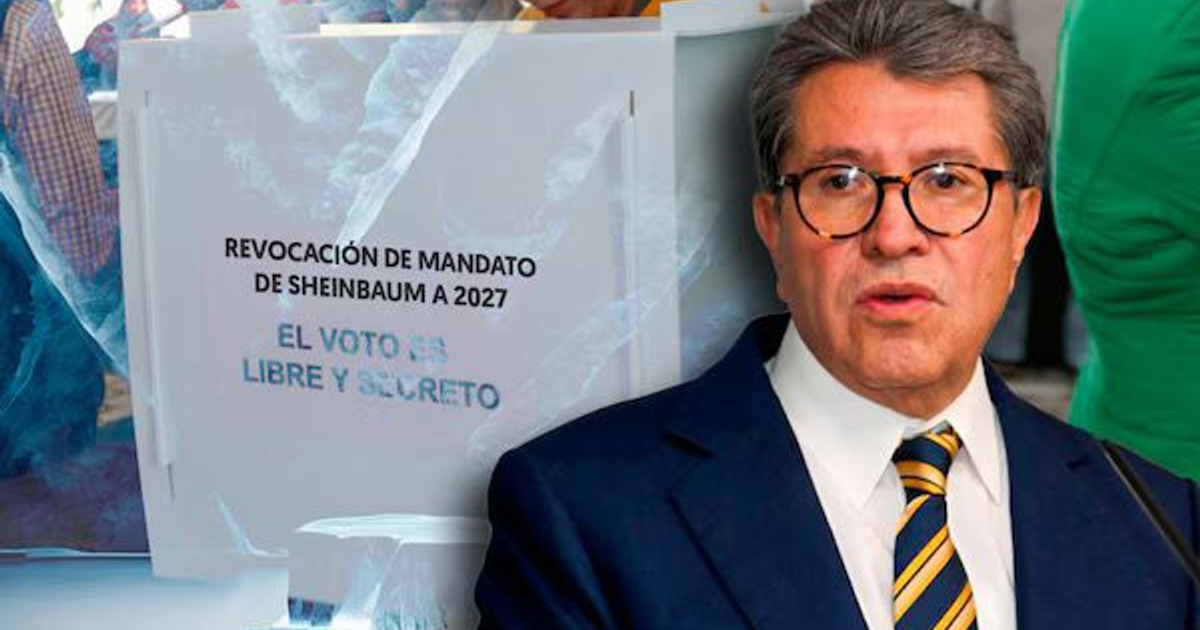 Urna electoral con inscripción sobre revocación de mandato de Sheinbaum a 2027 y persona en traje oscuro en primer plano.