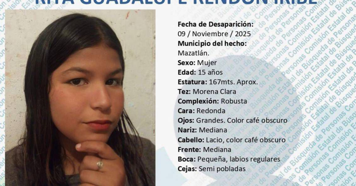 Cartel de búsqueda de Rita Guadalupe Rendón Iribe, desaparecida en Mazatlán el 9 de noviembre de 2025.