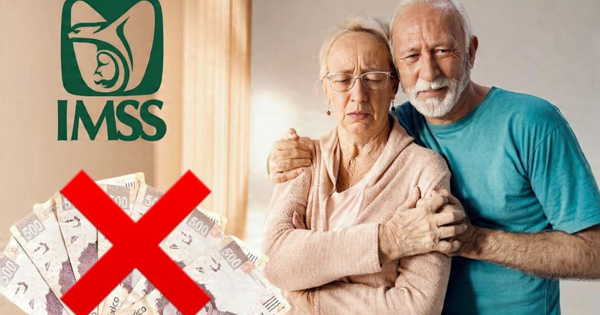 Pareja de jubilados preocupados con billetes tachados y logo del IMSS