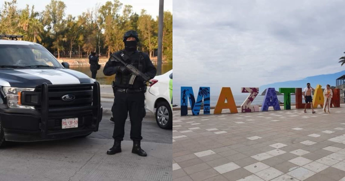 Oficial de policía armado junto a un vehículo en Mazatlán, con letras turísticas de fondo.