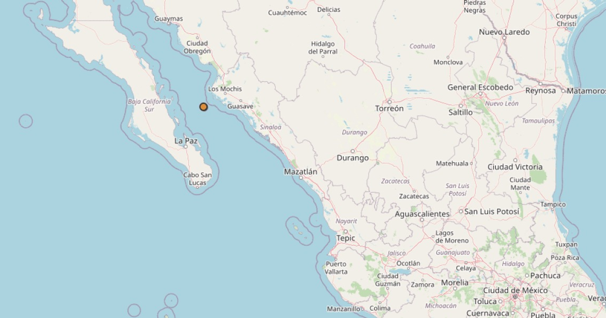 Mapa de Baja California con ciudades y ubicación del sismo en la costa de Ahome