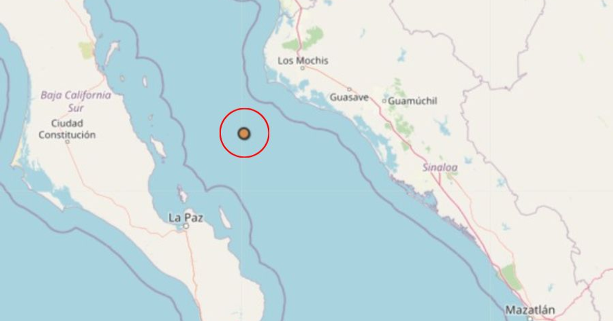 Mapa de la costa de México con epicentro de sismo cerca de Los Mochis, Sinaloa