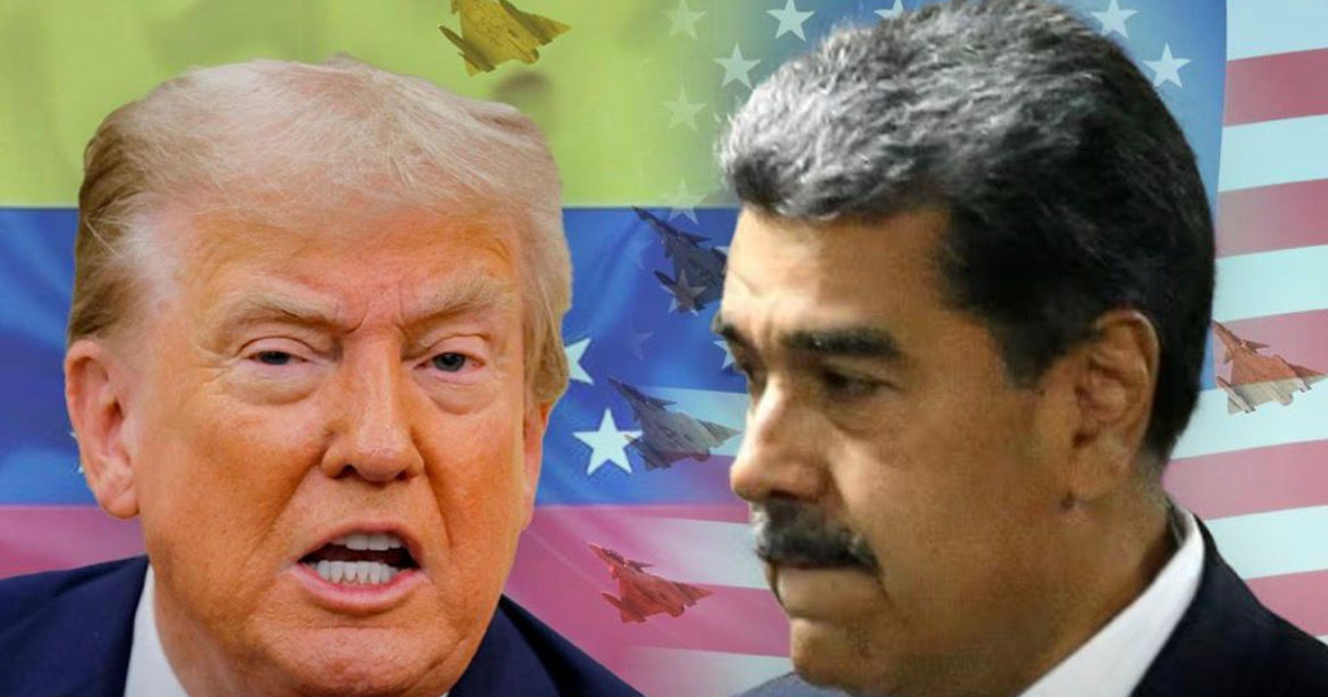 Montaje visual con figuras humanas, banderas de Estados Unidos y Venezuela, y aviones en el fondo.