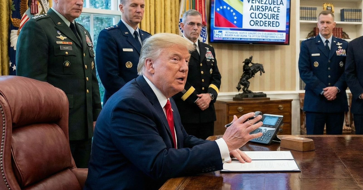 Hombre en la Oficina Oval con militares, mensaje sobre cierre de espacio aéreo de Venezuela en pantalla.