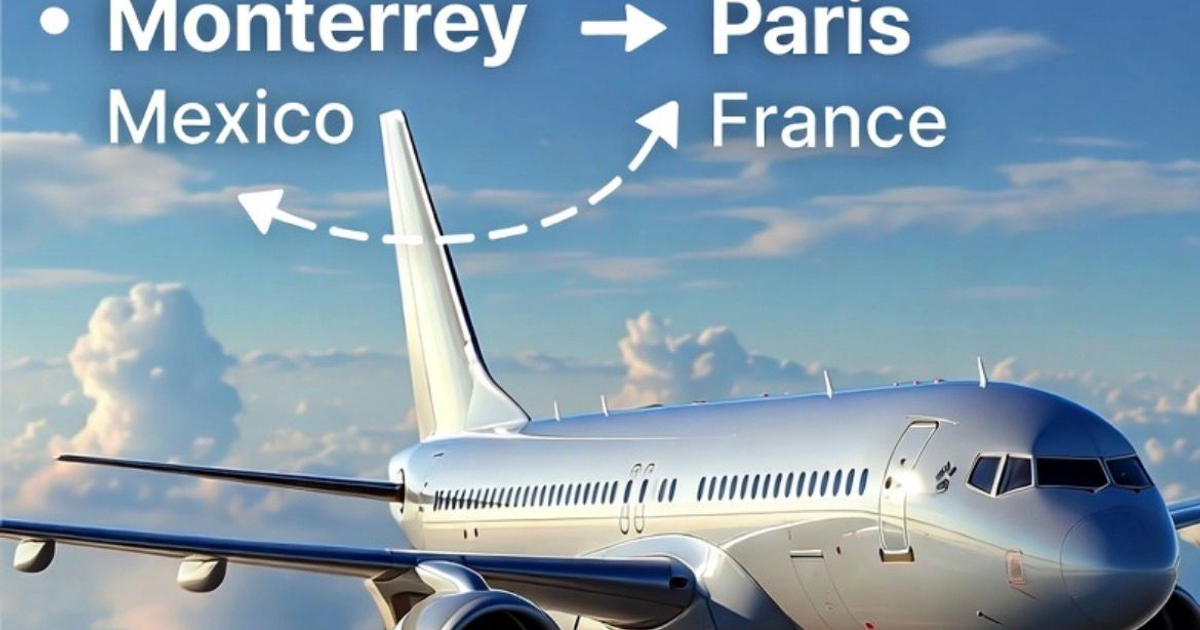 Avión en el cielo con flecha entre Monterrey y París, representando nueva ruta aérea directa.