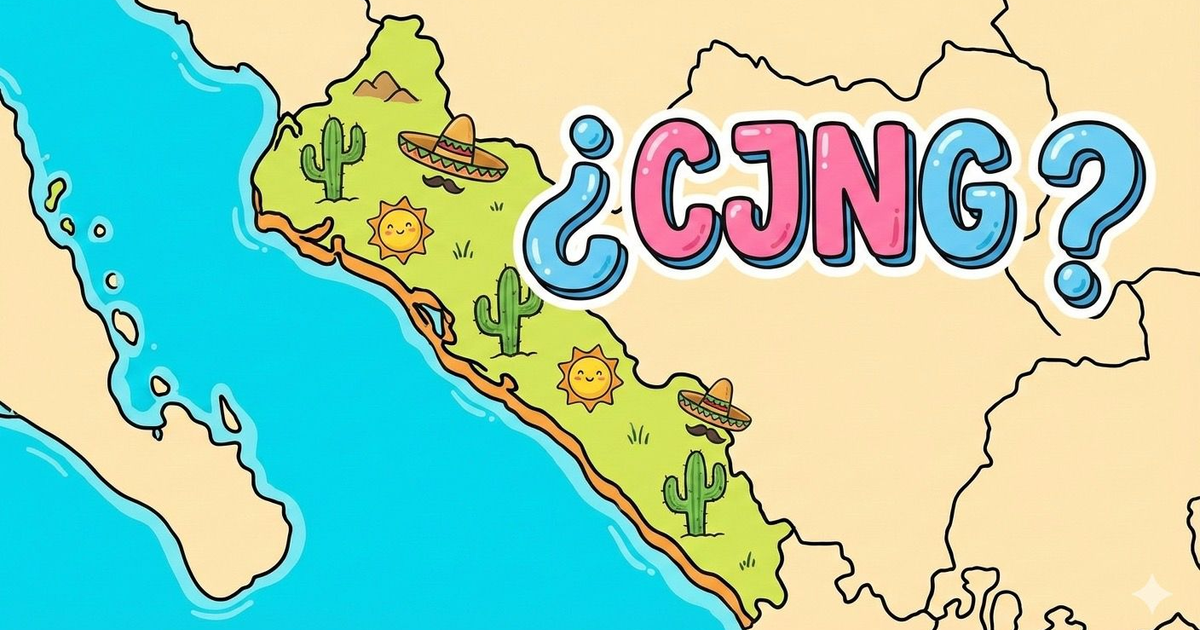 Mapa caricaturesco de México con texto '¿CJNG?' y elementos como cactuses y sombreros.