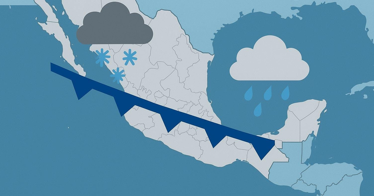 Mapa de México con iconos climáticos y un frente frío en avance. Nubes de nieve, lluvia y frío dominan el país.