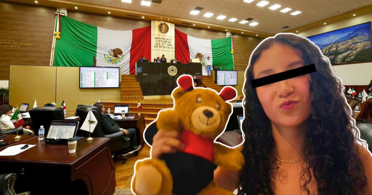 Escena del Congreso de Durango con montaje de persona sosteniendo un peluche, relacionada con la Ley Nicole.