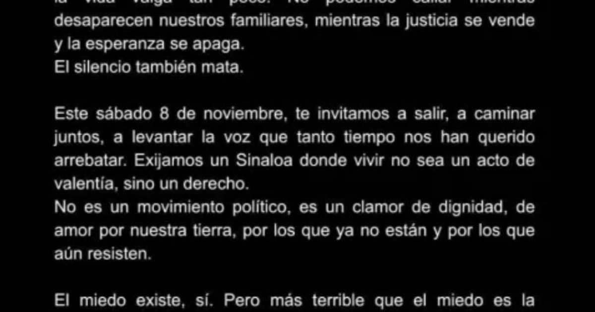 Convocatoria a marcha pacífica en Sinaloa por la dignidad y amor a la tierra