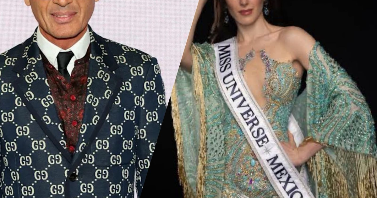 Hombre en traje Gucci y Miss Universe México en evento de moda
