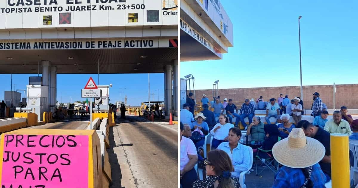 Manifestación en la caseta El Fiscal en pro de precios justos para maíz durante una protesta en Sinaloa.