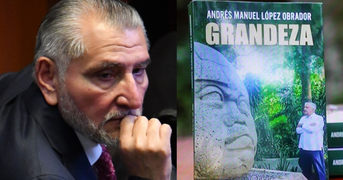 Portada del libro 'Grandeza' de Andrés Manuel López Obrador junto a una persona pensativa en una sala, figura arqueológica y paisaje verde.