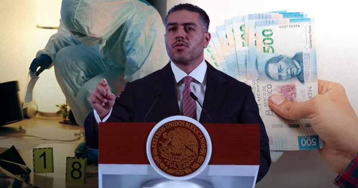 Montaje de la convocatoria de Agentes de Investigación en México, incluyendo el orador en el podio con el emblema nacional, un investigador y billetes.