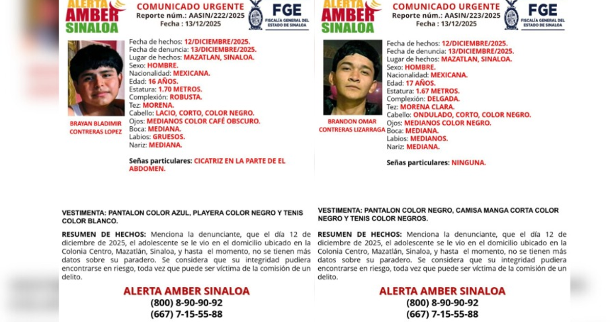 Comunicados de alerta Amber por Brayan Bladimir y Brandon Omar desaparecidos en Mazatlán