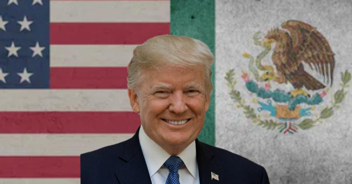 Combinación de banderas de EE.UU. y México con individuo sonriente, relacionado al tratado de aguas de 1944 y aranceles.