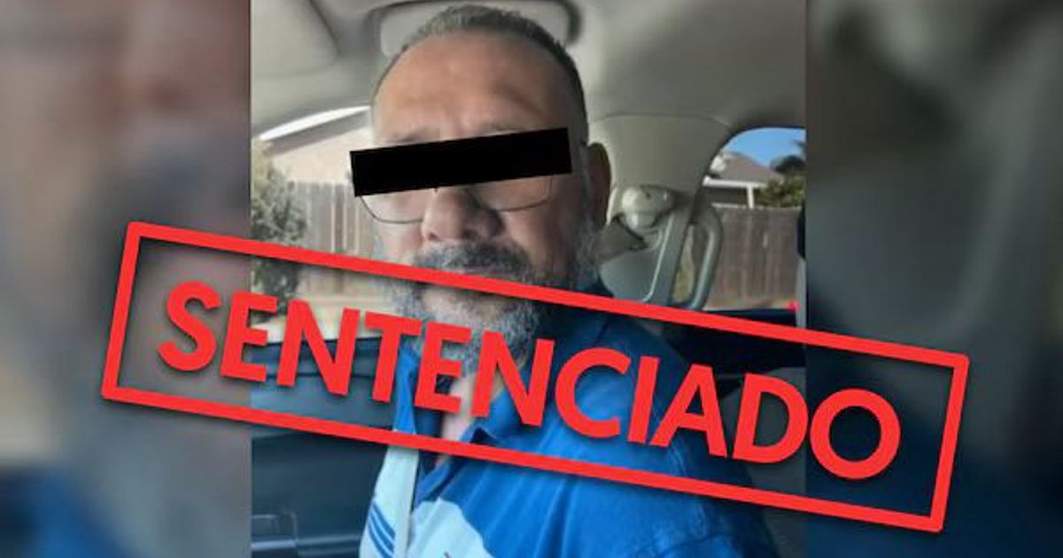 Hombre con barba y gafas en un vehículo, texto 'Sentenciado' en primer plano sobre un fondo de vecindario.