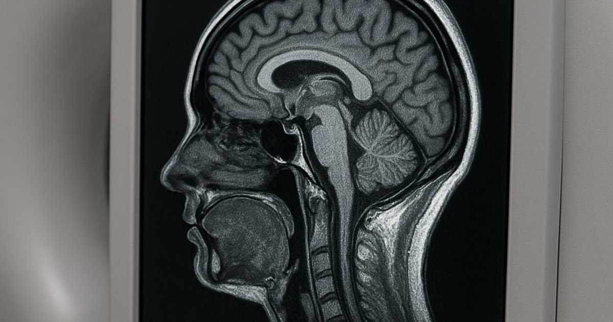 Resonancia magnética del cráneo en vista lateral demostrando el cerebro y estructuras faciales.