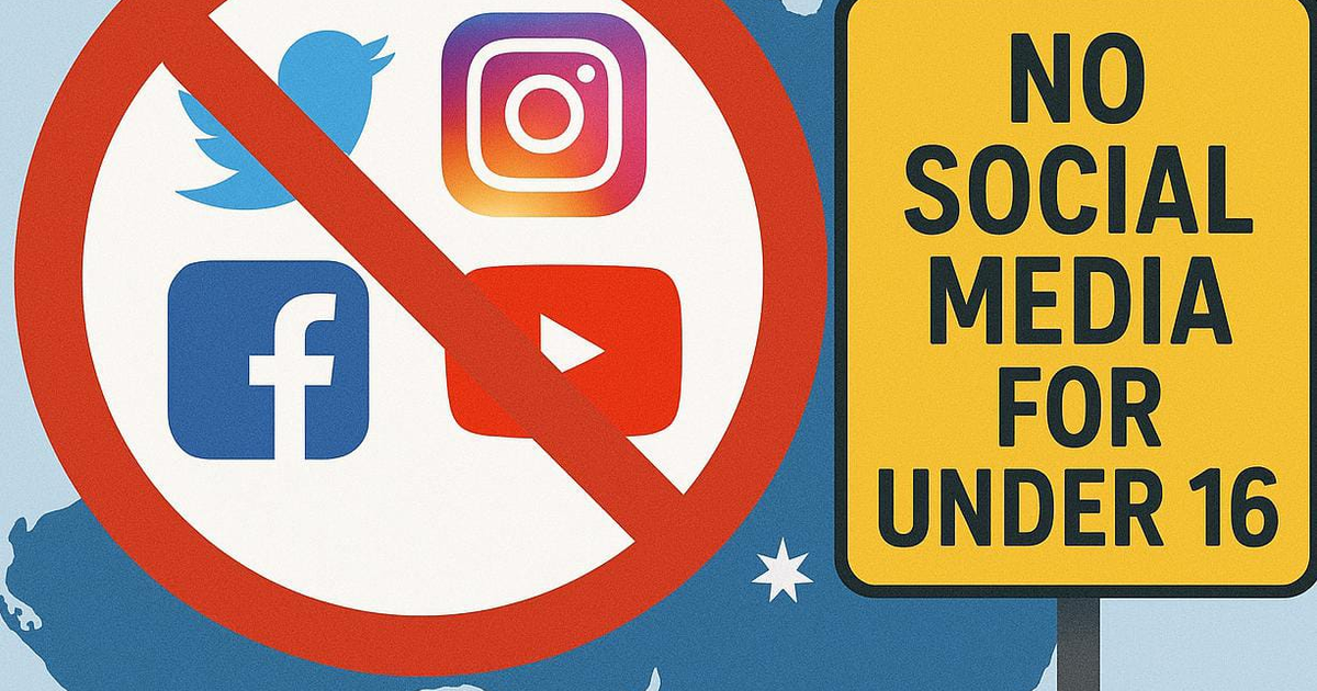 Gráfico de prohibición de redes sociales para menores de 16 años en Australia, con logotipos de Twitter, Instagram, Facebook y YouTube.