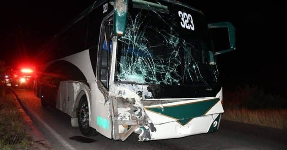 Autobús colisionado en el puente Carricitos, con el parabrisas roto bajo luces de emergencia.