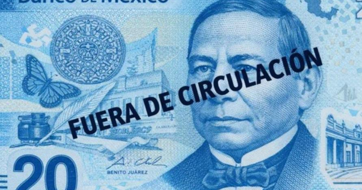 Imagen del billete de 20 pesos mexicanos retirado de circulación, con la leyenda 'FUERA DE CIRCULACIÓN'.
