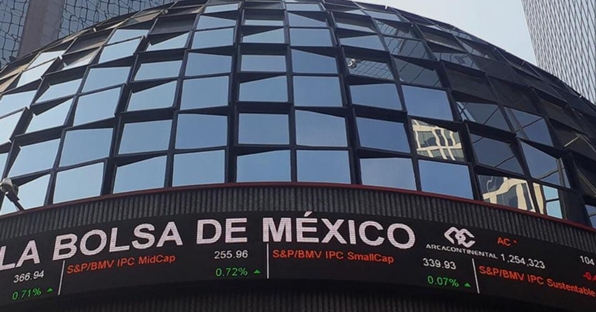 Imagen de la Bolsa Mexicana de Valores con panel digital mostrando el avance del IPC.