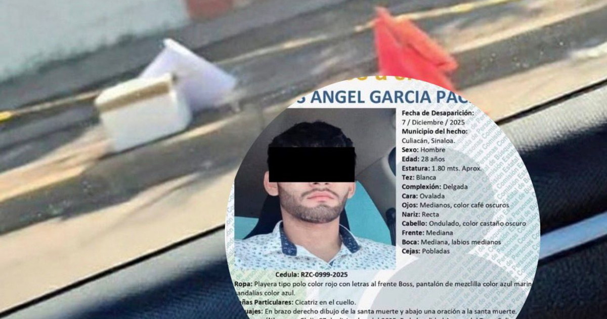 Entorno urbano con un bulto, cinta de barricada amarilla y póster de persona desaparecida en Culiacán.