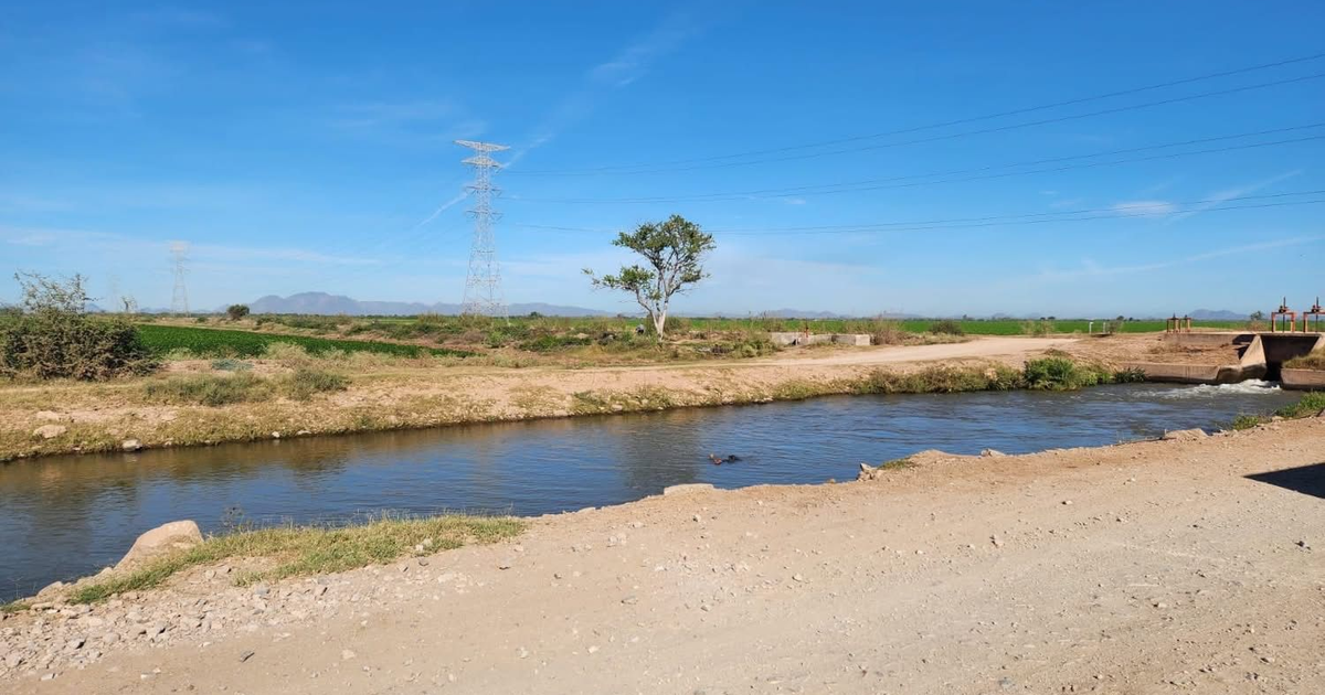 Vista del canal de riego Miguel Hidalgo con vegetación, campos y cielo azul