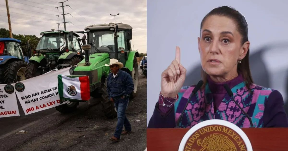 Protesta agraria con tractores y pancarta sobre la ley de aguas, junto a una conferencia.