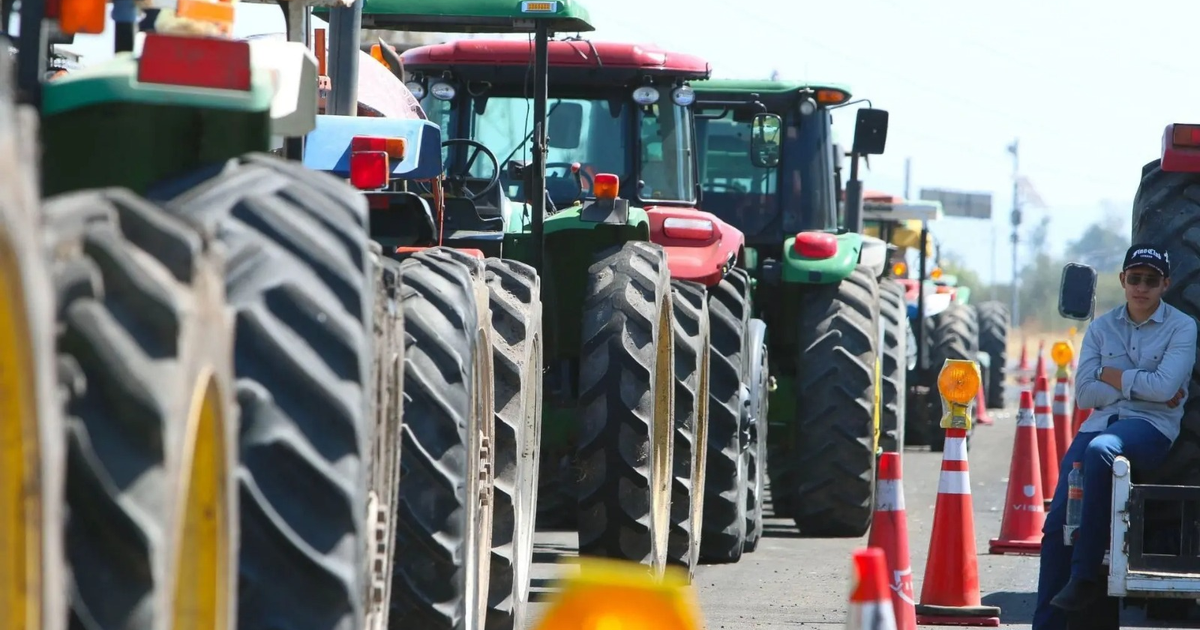 Tractores alineados con conos de tráfico y un joven esperando, parte de una protesta agrícola en CDMX.