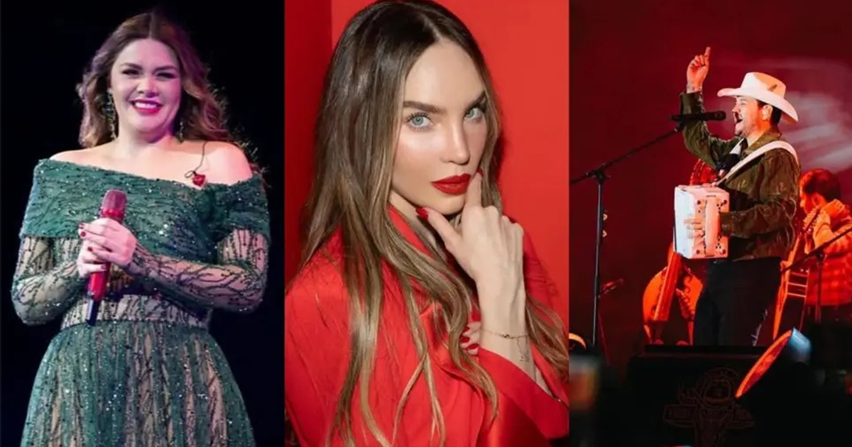 Tres artistas en diferentes escenas, una mujer con micrófono, otra en vestido rojo y un hombre en un escenario con sombrero e instrumento musical.
