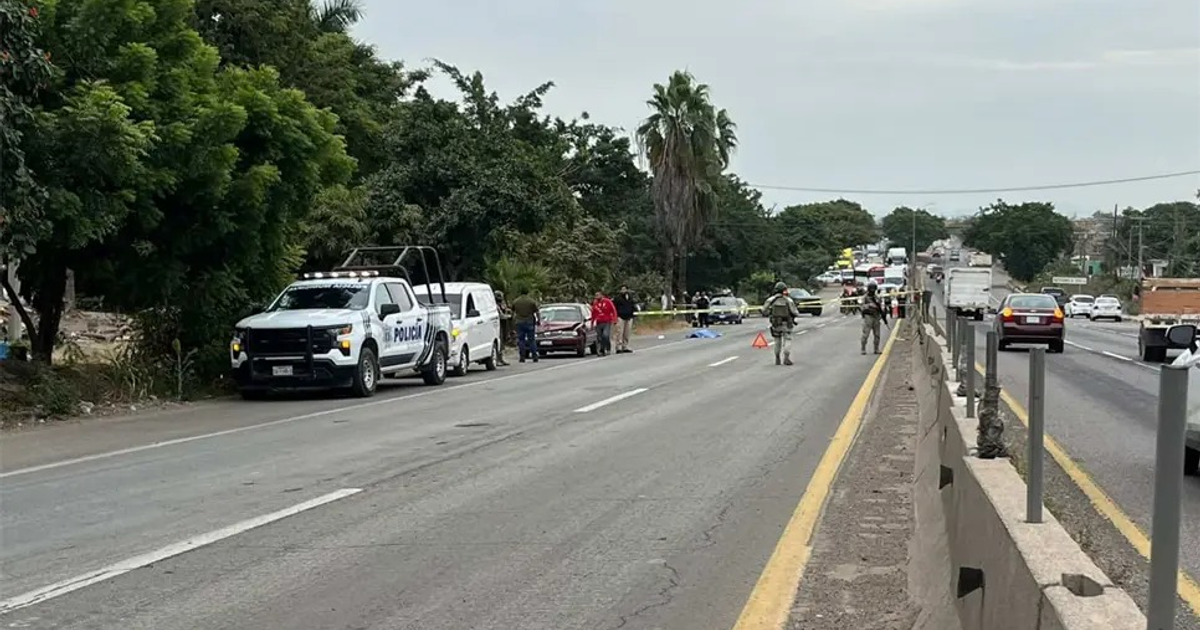 Policía en escena de carretera México 15 con patrullas y personas investigando bajo un cielo nublado.