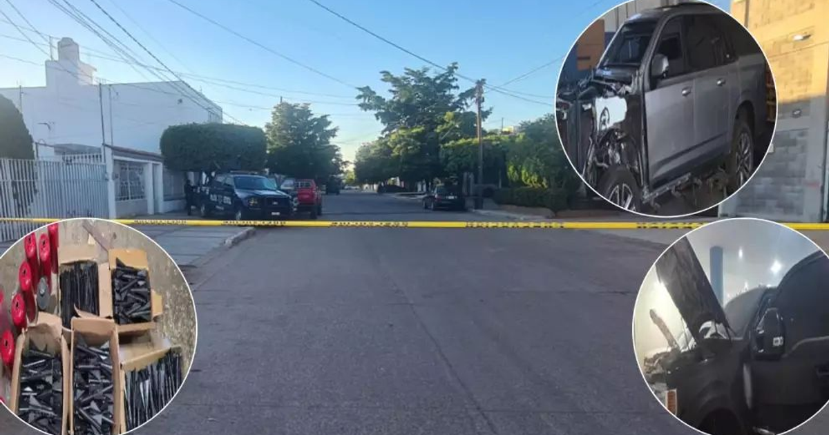 Calle acordonada con cinta amarilla en Culiacán, operativos policiales visibles, vehículos de policía y otros estacionados en alrededores.