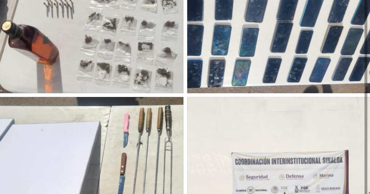 Objetos incautados durante el operativo en la prisión de Aguaruto, Sinaloa: drogas, municiones, telefonía y herramientas.