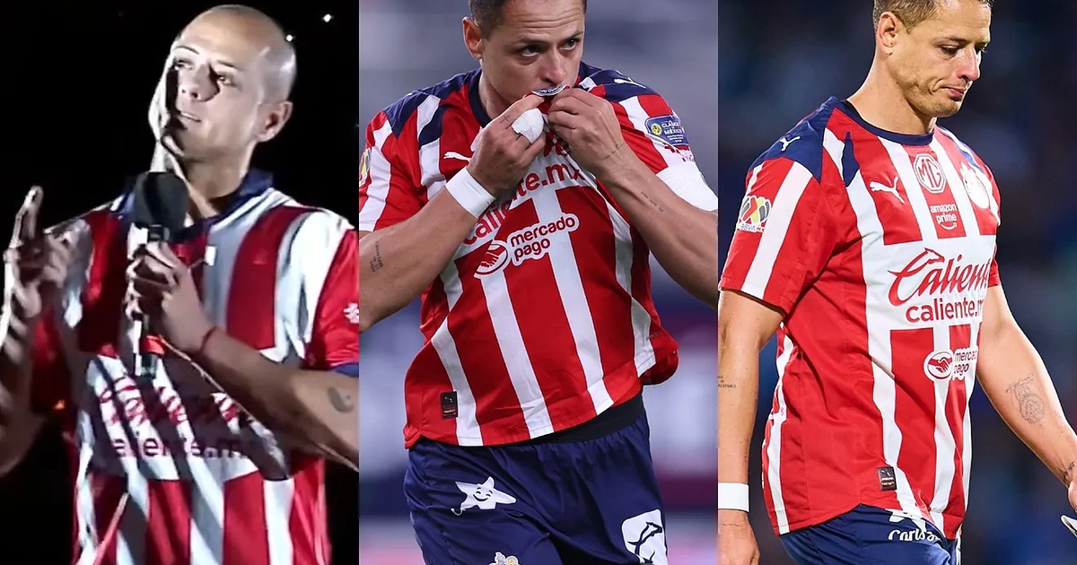 Jugadores de Chivas con camisetas rojiblancas: uno con micrófono, otro besando su camiseta y otro caminando, vinculados a la temporada 2025 de Chicharito Hernández.