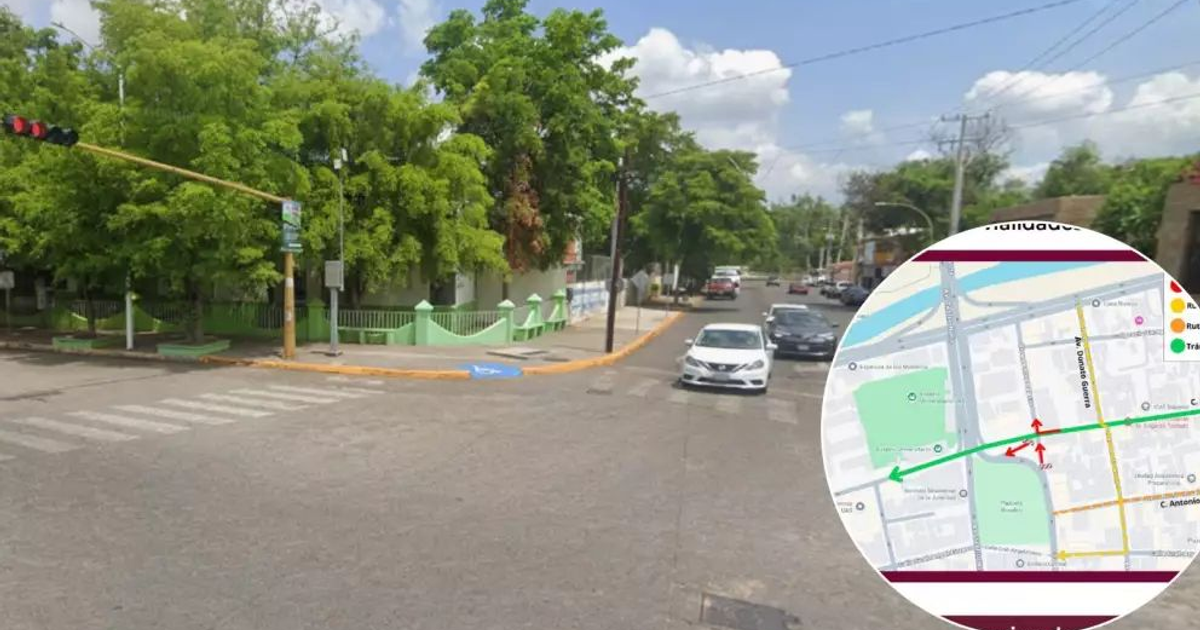 Intersección de calles en Culiacán con el cruce cerrado temporalmente; vehículos están detenidos, semáforo en rojo y señales de tráfico visibles.