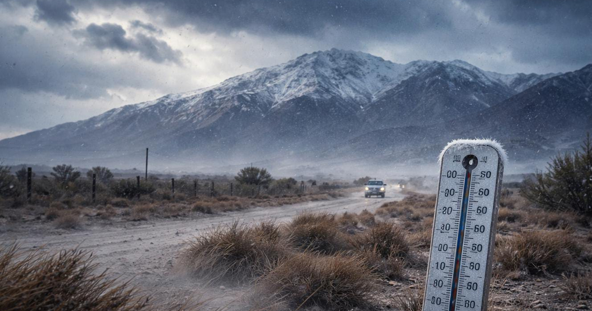 Paisaje montañoso nevado con termómetro, cielo nublado y un vehículo a lo lejos.
