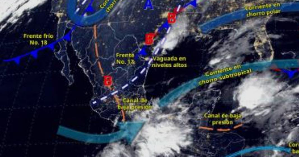 Mapa meteorológico de fenómenos atmosféricos en México mostrando frentes fríos y distintos fenómenos.