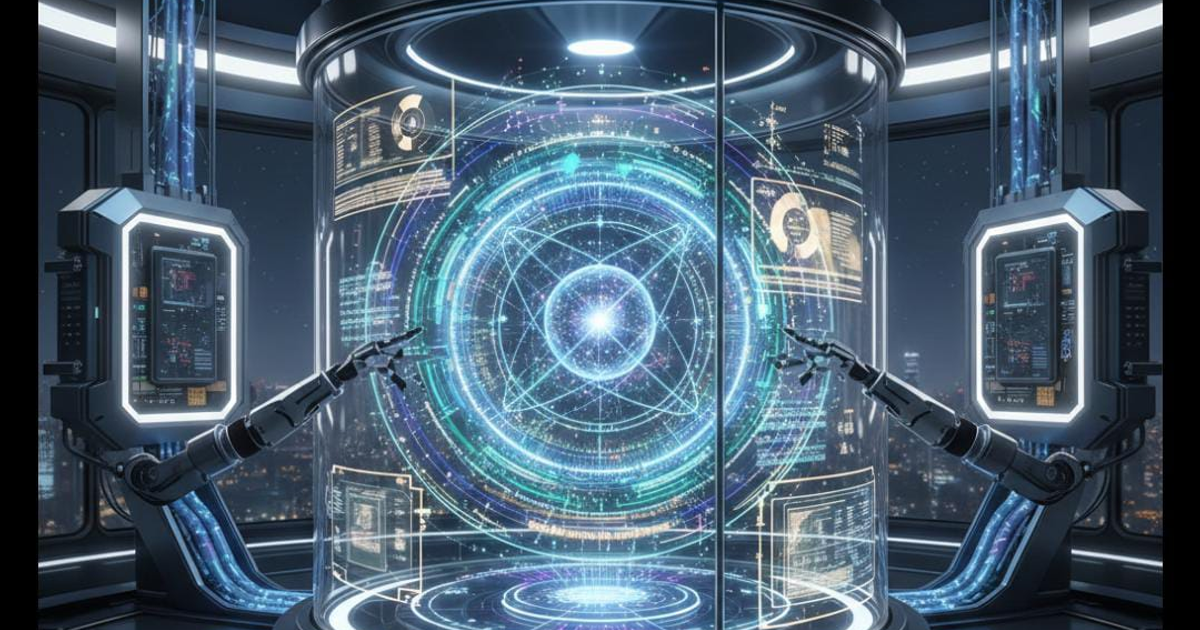 Entorno futurista de laboratorio cuántico con una estructura central iluminada y brazos robóticos, reflejando el avance de China en la computación cuántica.