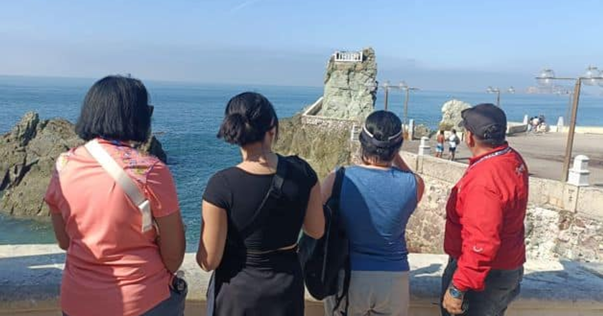 Grupo de turistas contemplando el mar en Mazatlán con barcos de crucero arribando al puerto el 25 de diciembre de 2025.