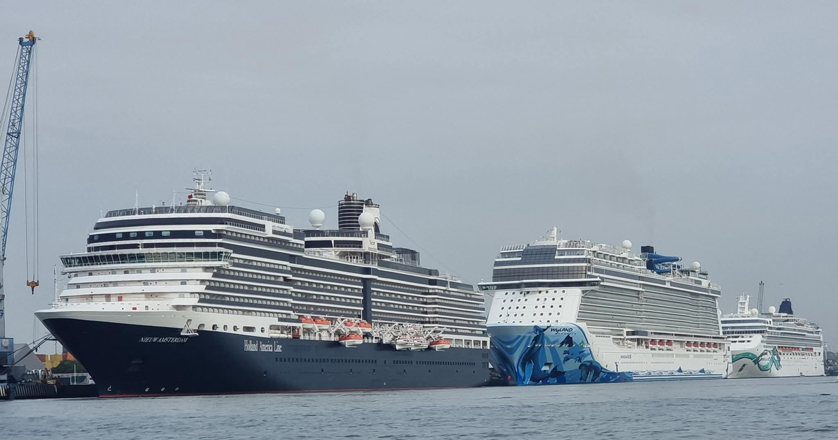 Tres cruceros amarrados en el puerto de Mazatlán, dos de gran tamaño con nombres visibles y una grúa en un día despejado durante las festividades de Año Nuevo.