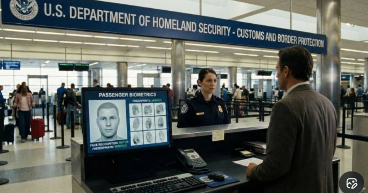 Oficial de Aduana de EE. UU. y viajero en área de verificación biométrica en un aeropuerto.