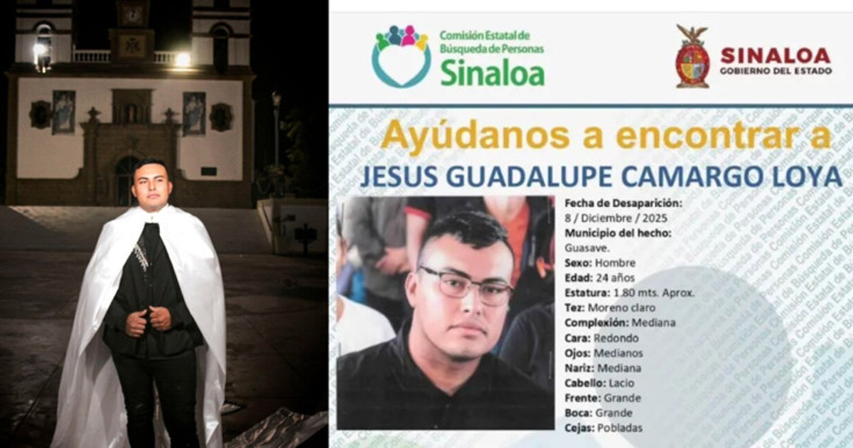 Persona al aire libre con cartel sobre Jesús Guadalupe Camargo Loya desaparecido.