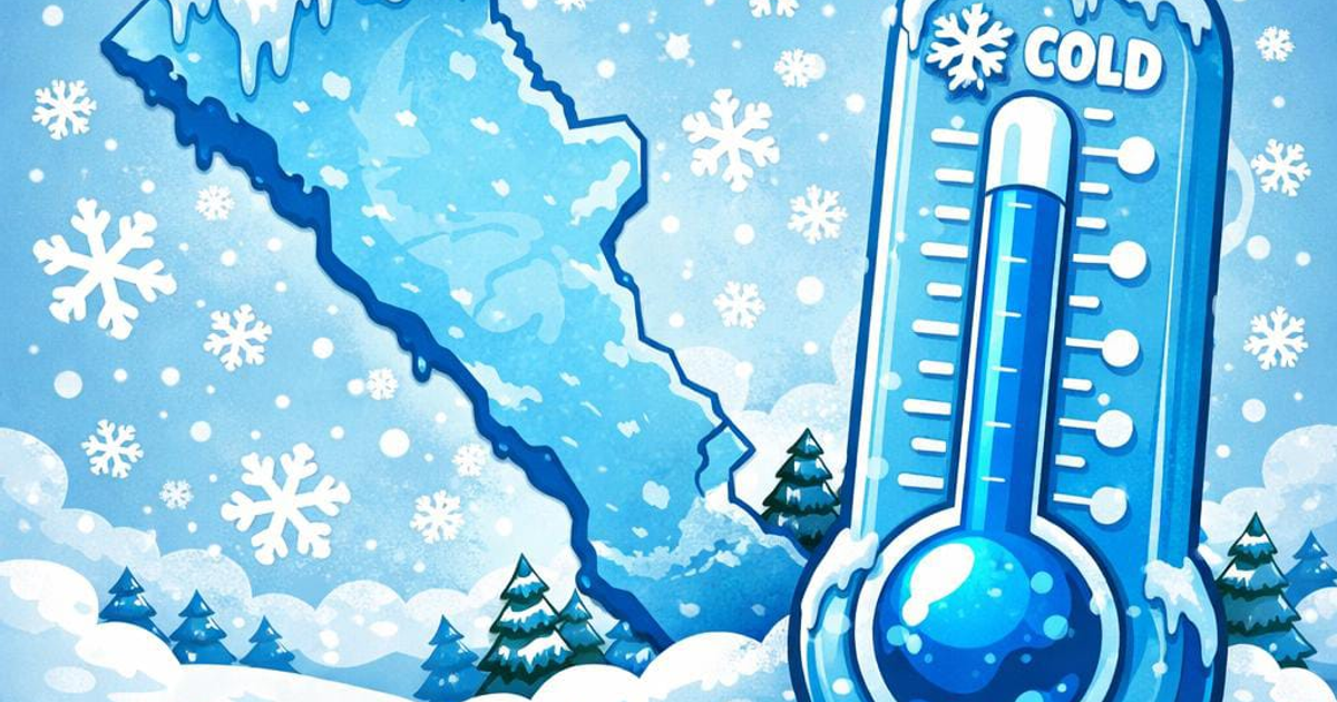 Paisaje invernal con copos de nieve, árboles, y un termómetro mostrando bajas temperaturas, evocando el clima frío de Sinaloa.